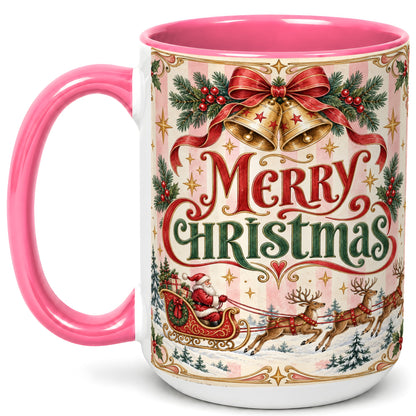 #pl[15oz|Pink] Vintage Santa Sleigh Coffee Mug, Holiday Mug, Ceramic Cup