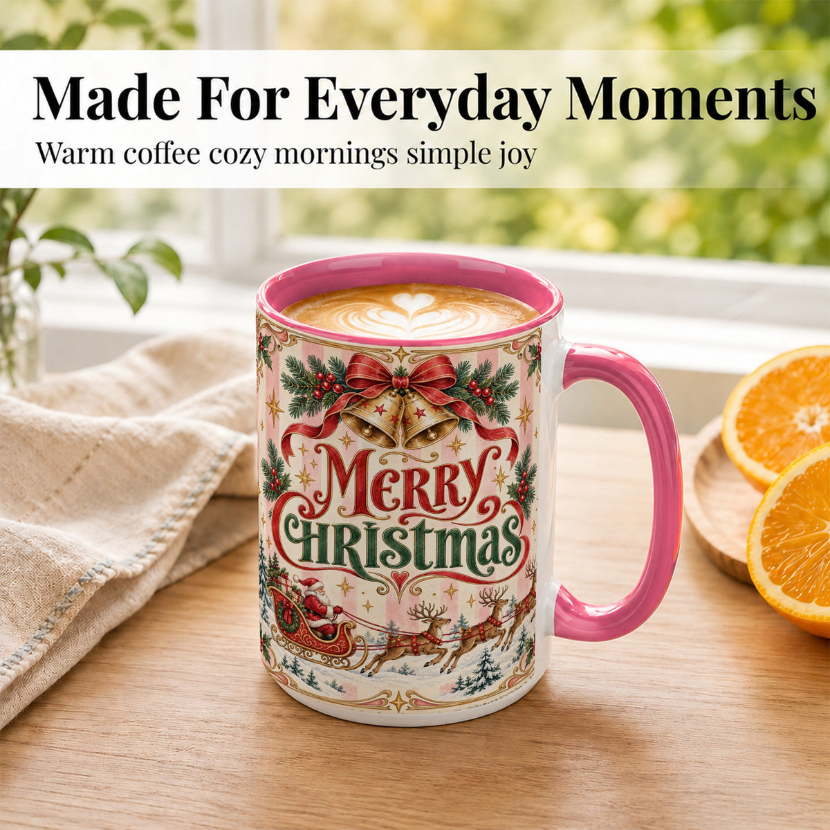 #pl[15oz|Pink] Vintage Santa Sleigh Coffee Mug, Holiday Mug, Ceramic Cup