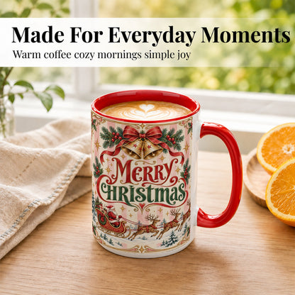 #pl[15oz|Red] Vintage Santa Sleigh Coffee Mug, Holiday Mug, Ceramic Cup