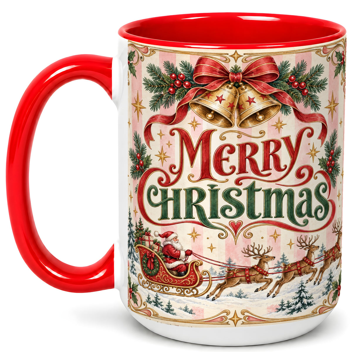 #pl[15oz|Red] Vintage Santa Sleigh Coffee Mug, Holiday Mug, Ceramic Cup