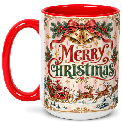#pl[15oz|Red] Vintage Santa Sleigh Coffee Mug, Holiday Mug, Ceramic Cup