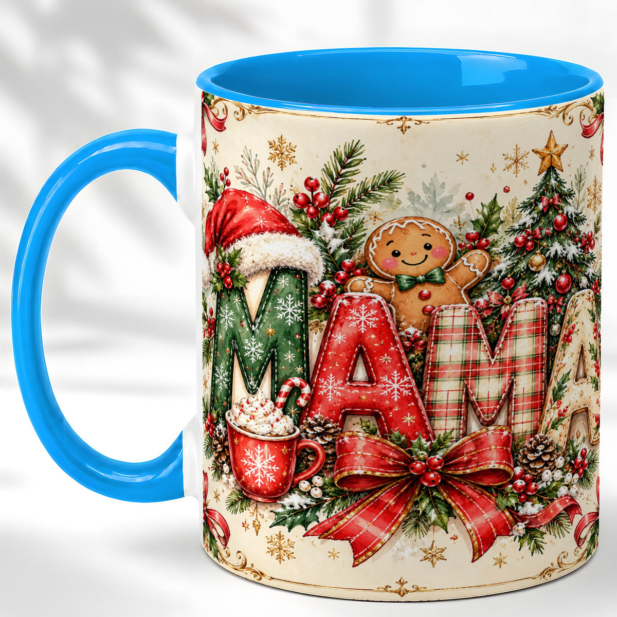 #pl[11oz|Blue] Christmas Mom Coffee Mug, Holiday Letter Mug, Ceramic Cup