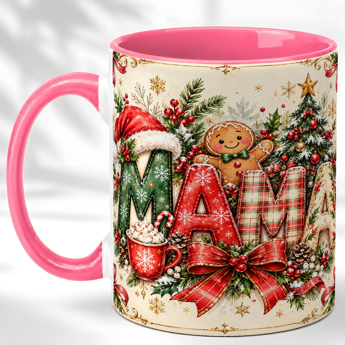 #pl[11oz|Pink] Christmas Mom Coffee Mug, Holiday Letter Mug, Ceramic Cup