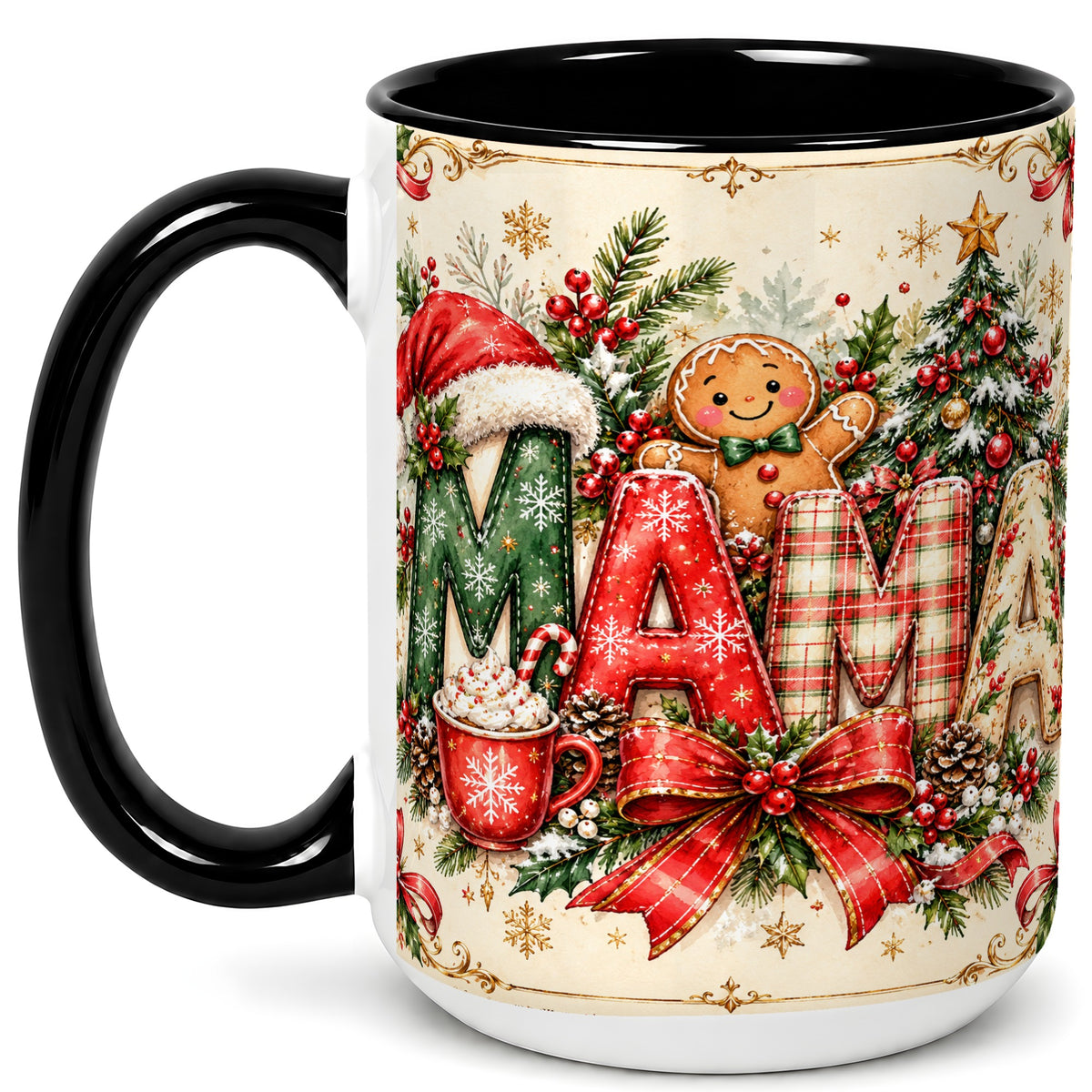 #pl[15oz|Black] Christmas Mom Coffee Mug, Holiday Letter Mug, Ceramic Cup