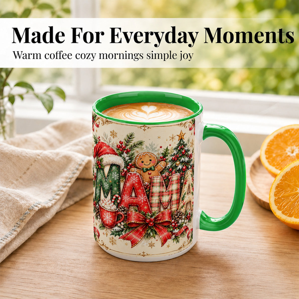 #pl[15oz|Green] Christmas Mom Coffee Mug, Holiday Letter Mug, Ceramic Cup
