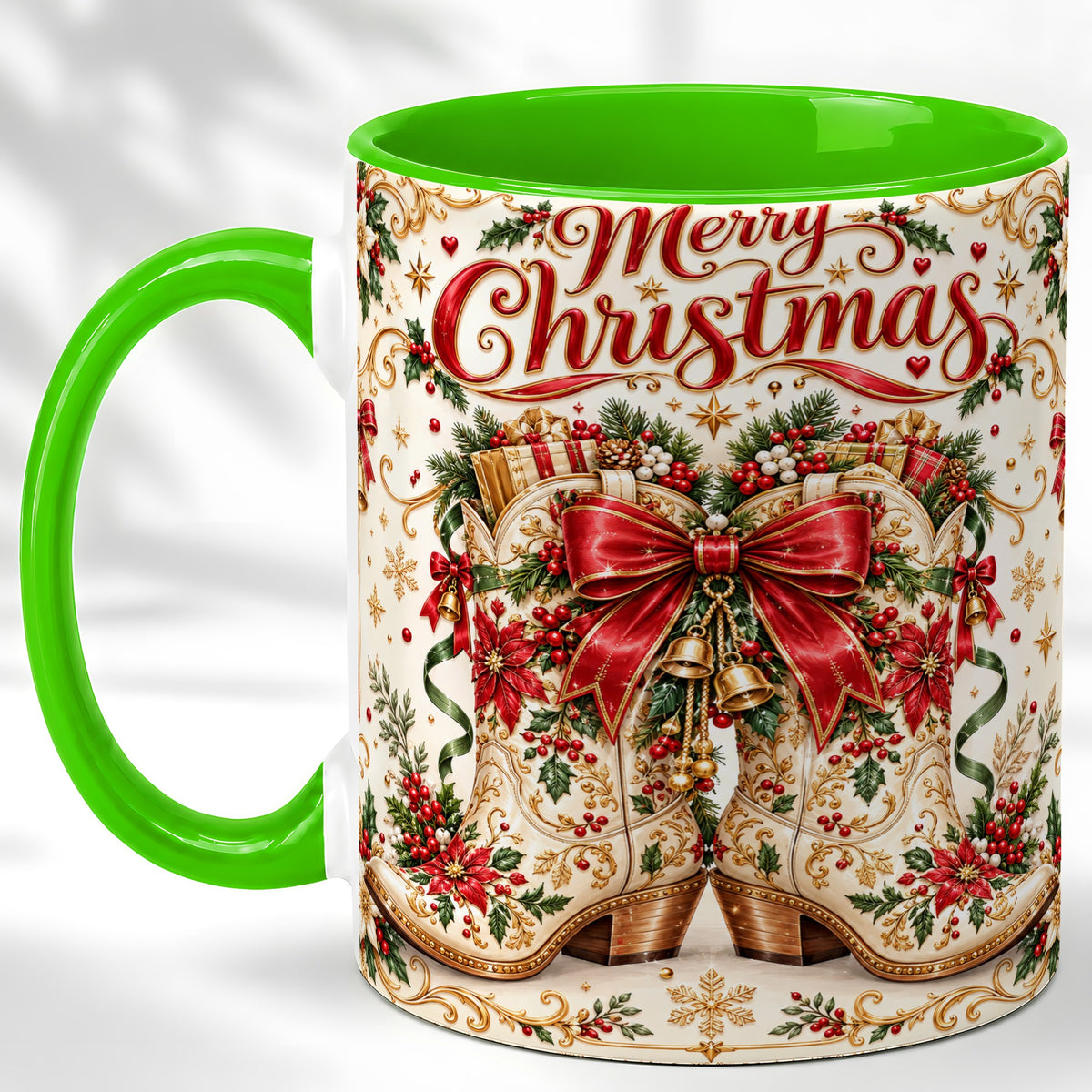 #pl[11oz|Green] Western Holiday Coffee Mug, Cowboy Boots Mug, Ceramic Cup