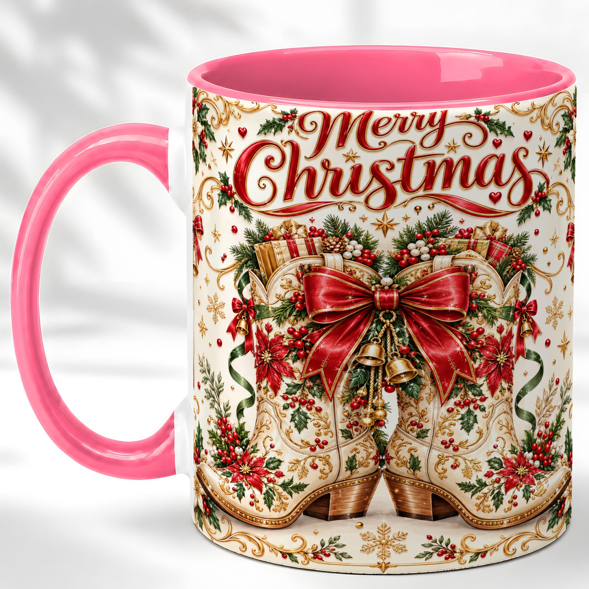 #pl[11oz|Pink] Western Holiday Coffee Mug, Cowboy Boots Mug, Ceramic Cup