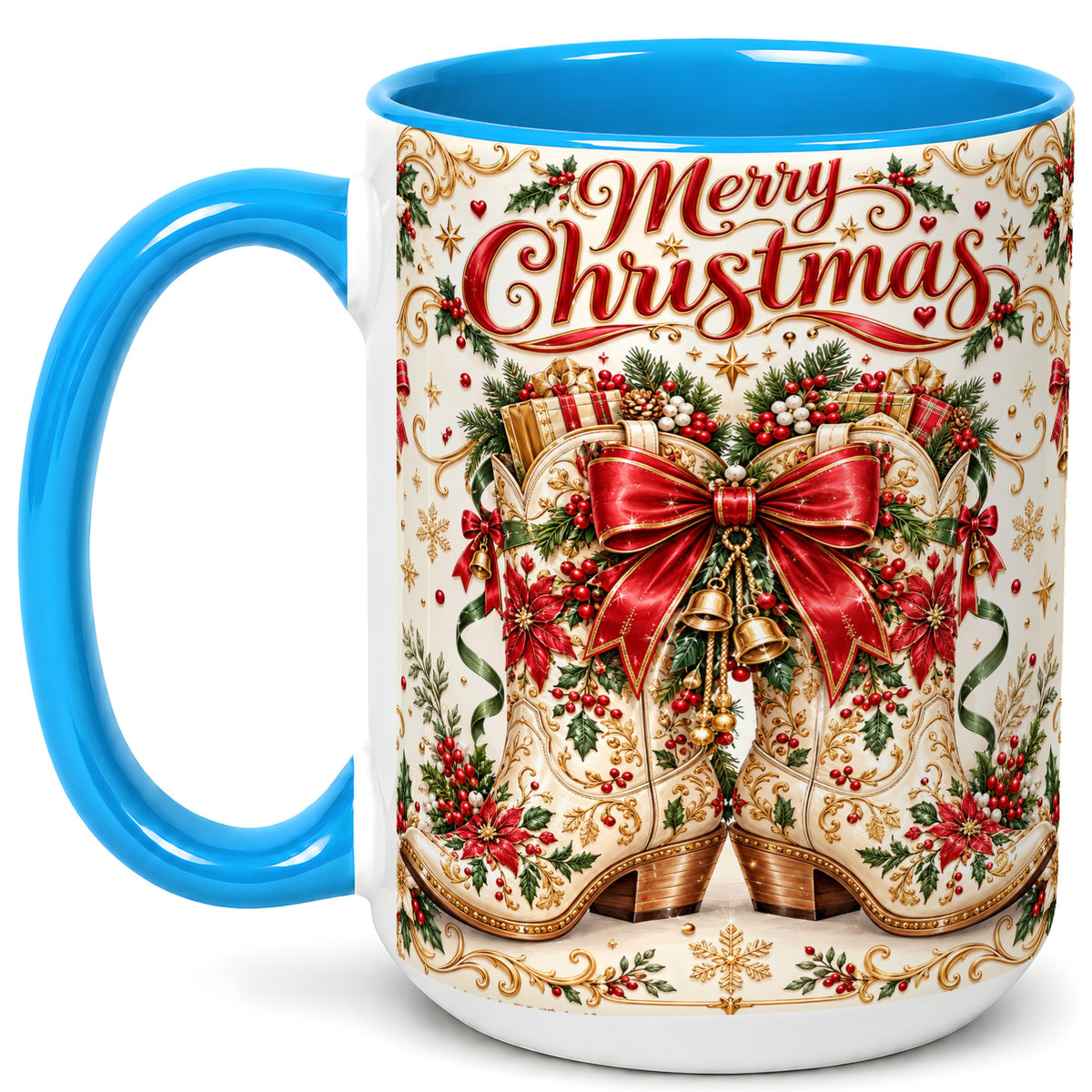 #pl[15oz|Blue] Western Holiday Coffee Mug, Cowboy Boots Mug, Ceramic Cup