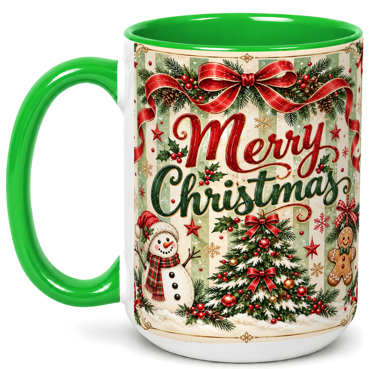 #pl[15oz|Green] Classic Holiday Coffee Mug, Snowman Christmas Mug, Ceramic Cup