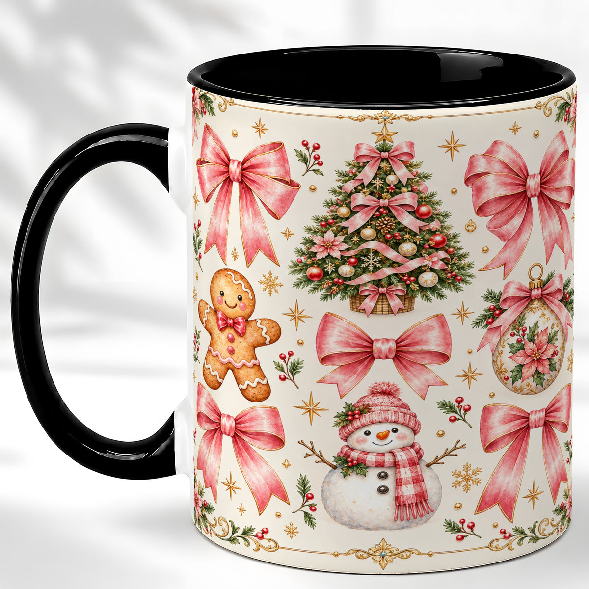 #pl[11oz|Black] Pink Bow Christmas Coffee Mug, Gingerbread Holiday Mug, Ceramic Cup