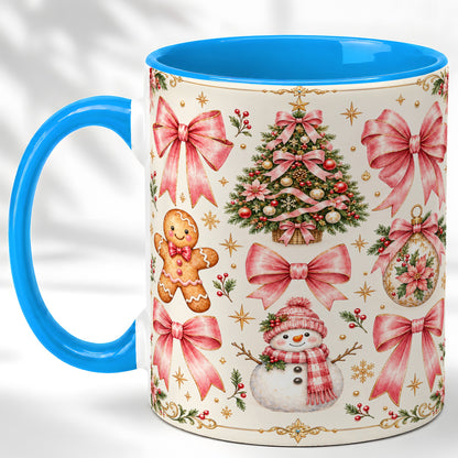 #pl[11oz|Blue] Pink Bow Christmas Coffee Mug, Gingerbread Holiday Mug, Ceramic Cup