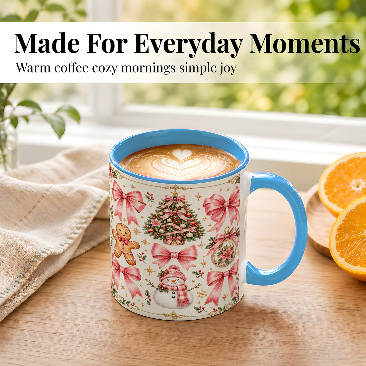 #pl[11oz|Blue] Pink Bow Christmas Coffee Mug, Gingerbread Holiday Mug, Ceramic Cup