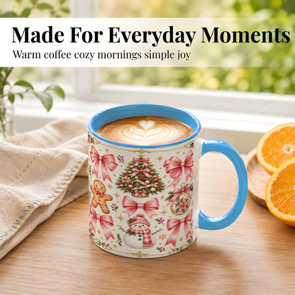 #pl[11oz|Blue] Pink Bow Christmas Coffee Mug, Gingerbread Holiday Mug, Ceramic Cup