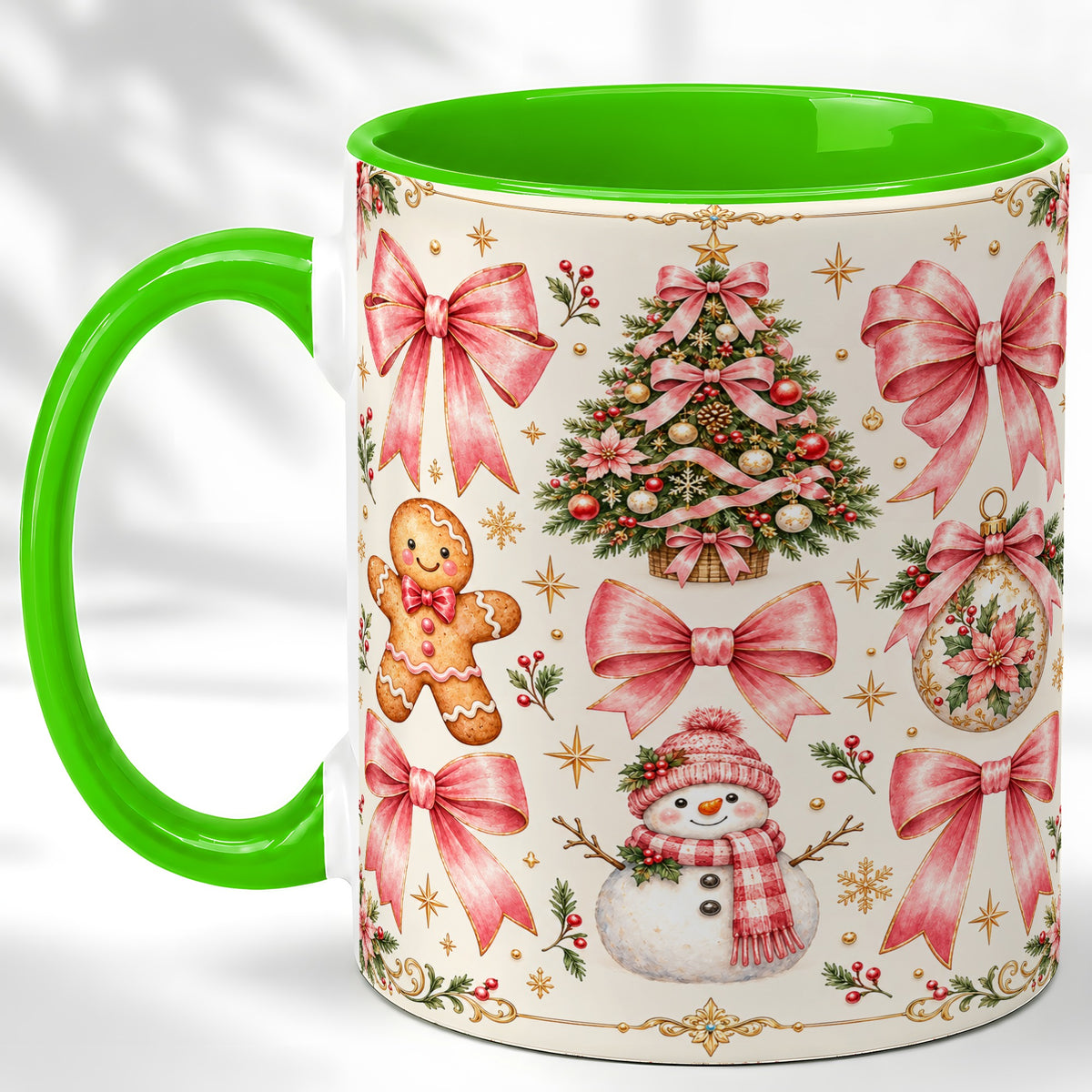 #pl[11oz|Green] Pink Bow Christmas Coffee Mug, Gingerbread Holiday Mug, Ceramic Cup