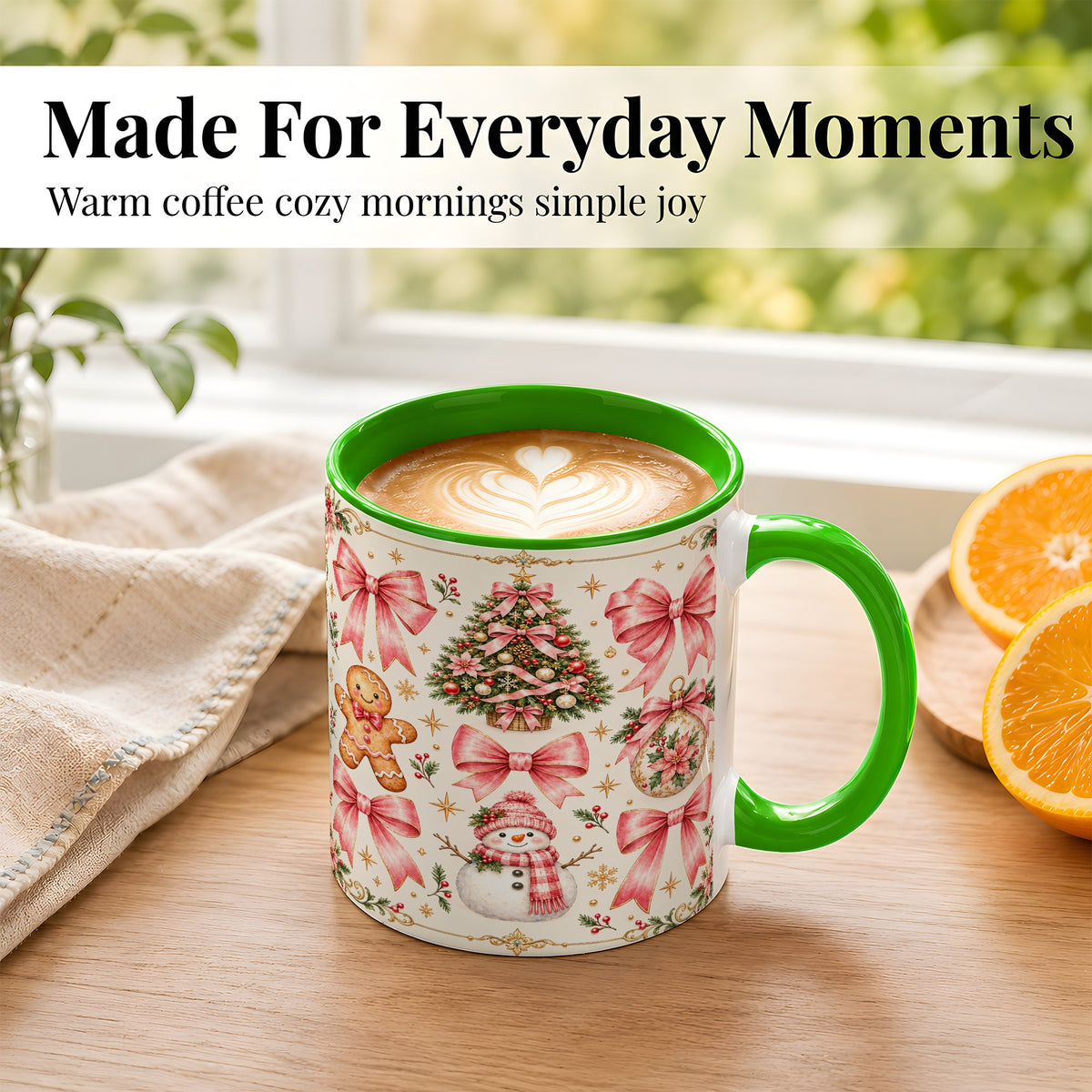 #pl[11oz|Green] Pink Bow Christmas Coffee Mug, Gingerbread Holiday Mug, Ceramic Cup