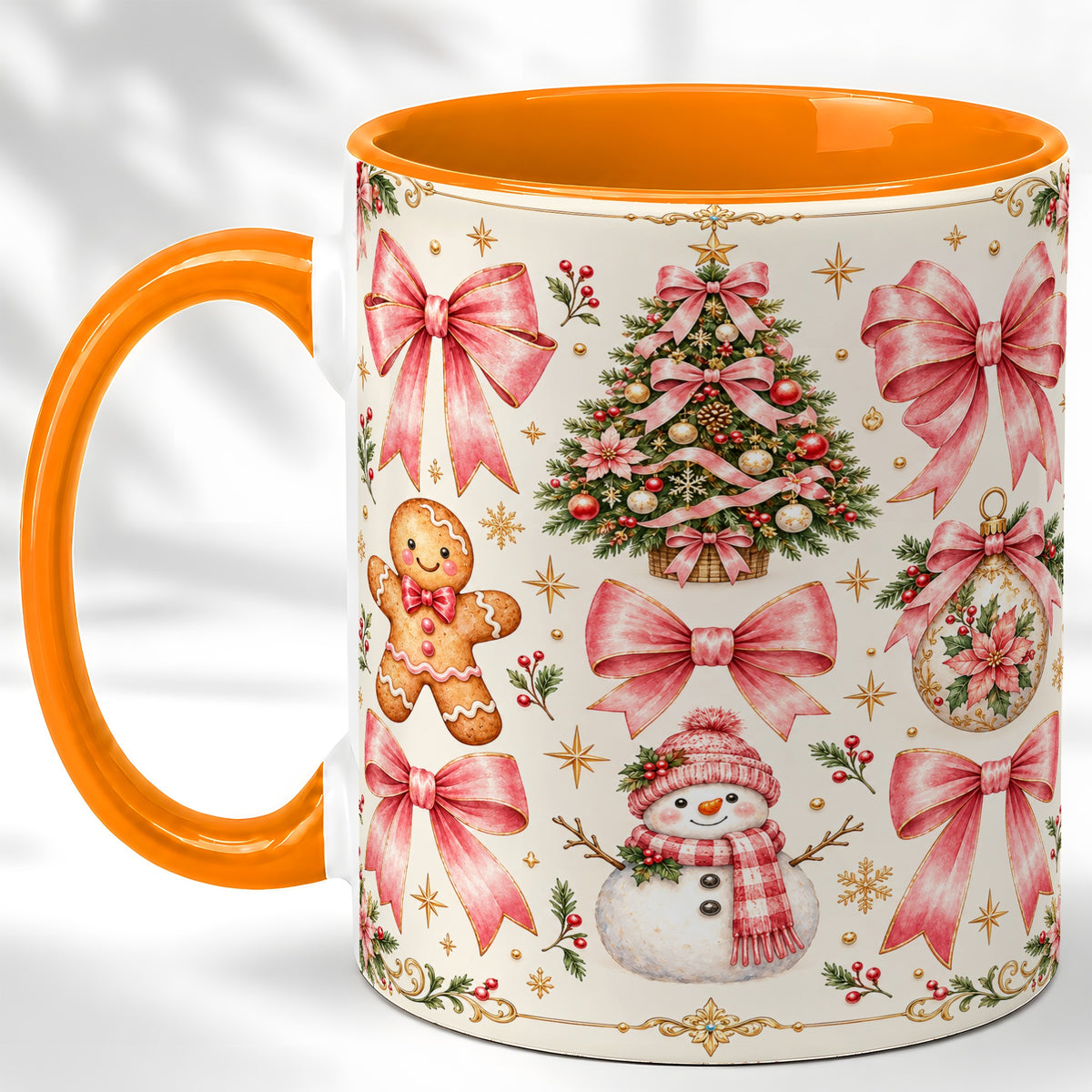 #pl[11oz|Orange] Pink Bow Christmas Coffee Mug, Gingerbread Holiday Mug, Ceramic Cup