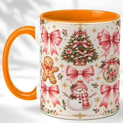 #pl[11oz|Orange] Pink Bow Christmas Coffee Mug, Gingerbread Holiday Mug, Ceramic Cup