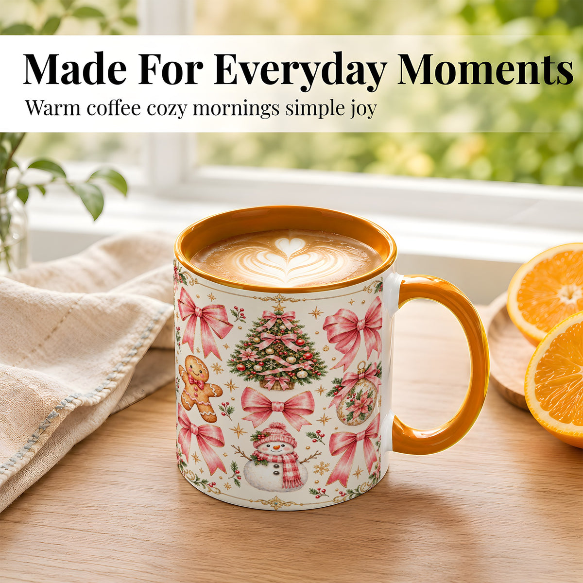 #pl[11oz|Orange] Pink Bow Christmas Coffee Mug, Gingerbread Holiday Mug, Ceramic Cup