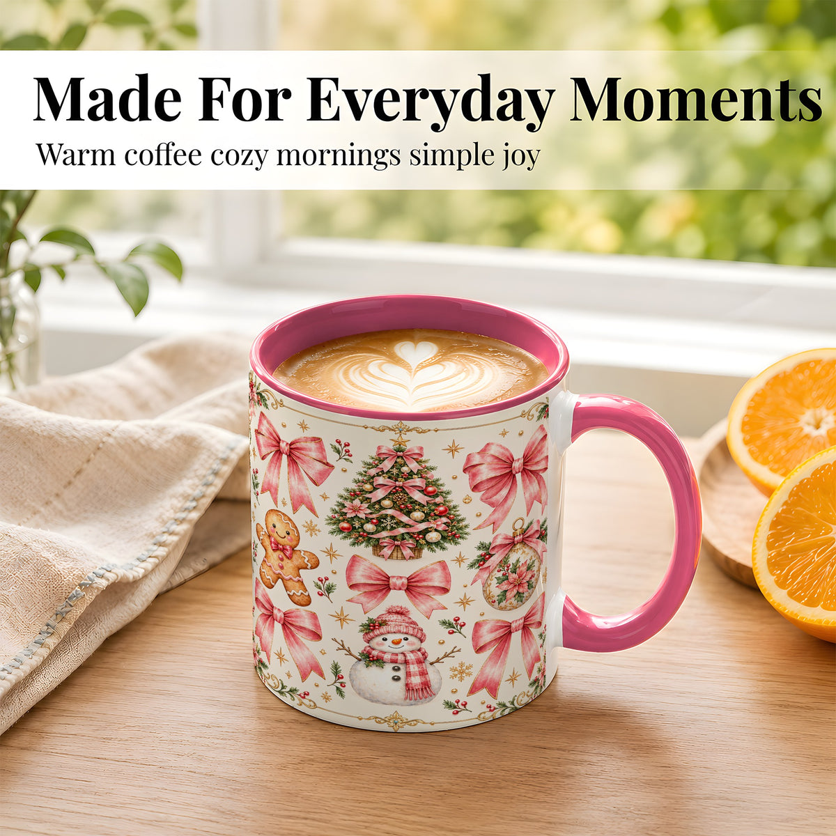 #pl[11oz|Pink] Pink Bow Christmas Coffee Mug, Gingerbread Holiday Mug, Ceramic Cup
