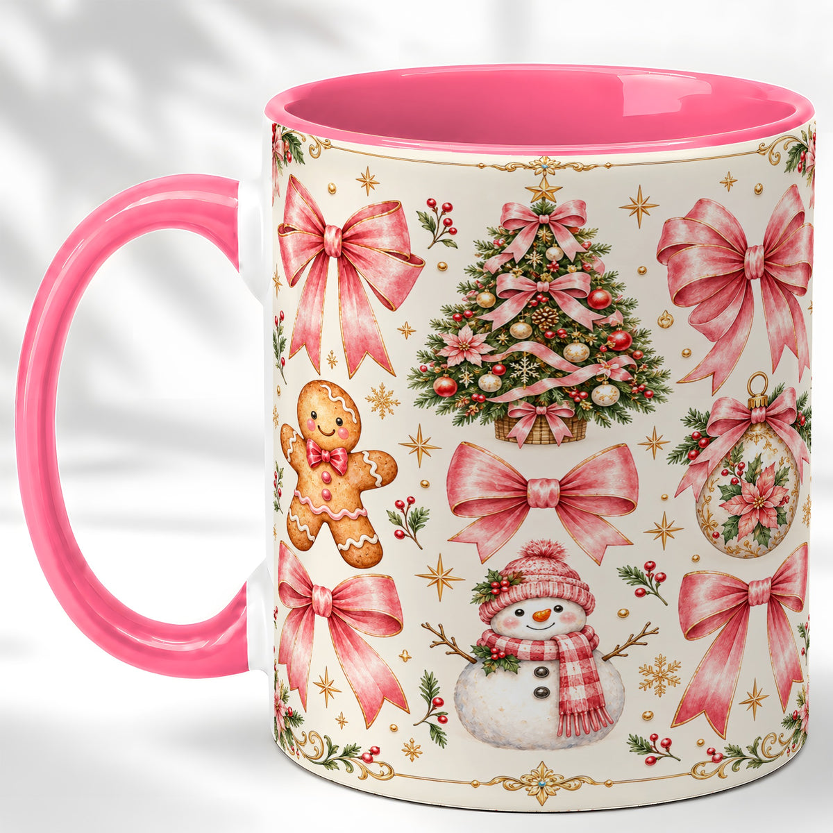 #pl[11oz|Pink] Pink Bow Christmas Coffee Mug, Gingerbread Holiday Mug, Ceramic Cup