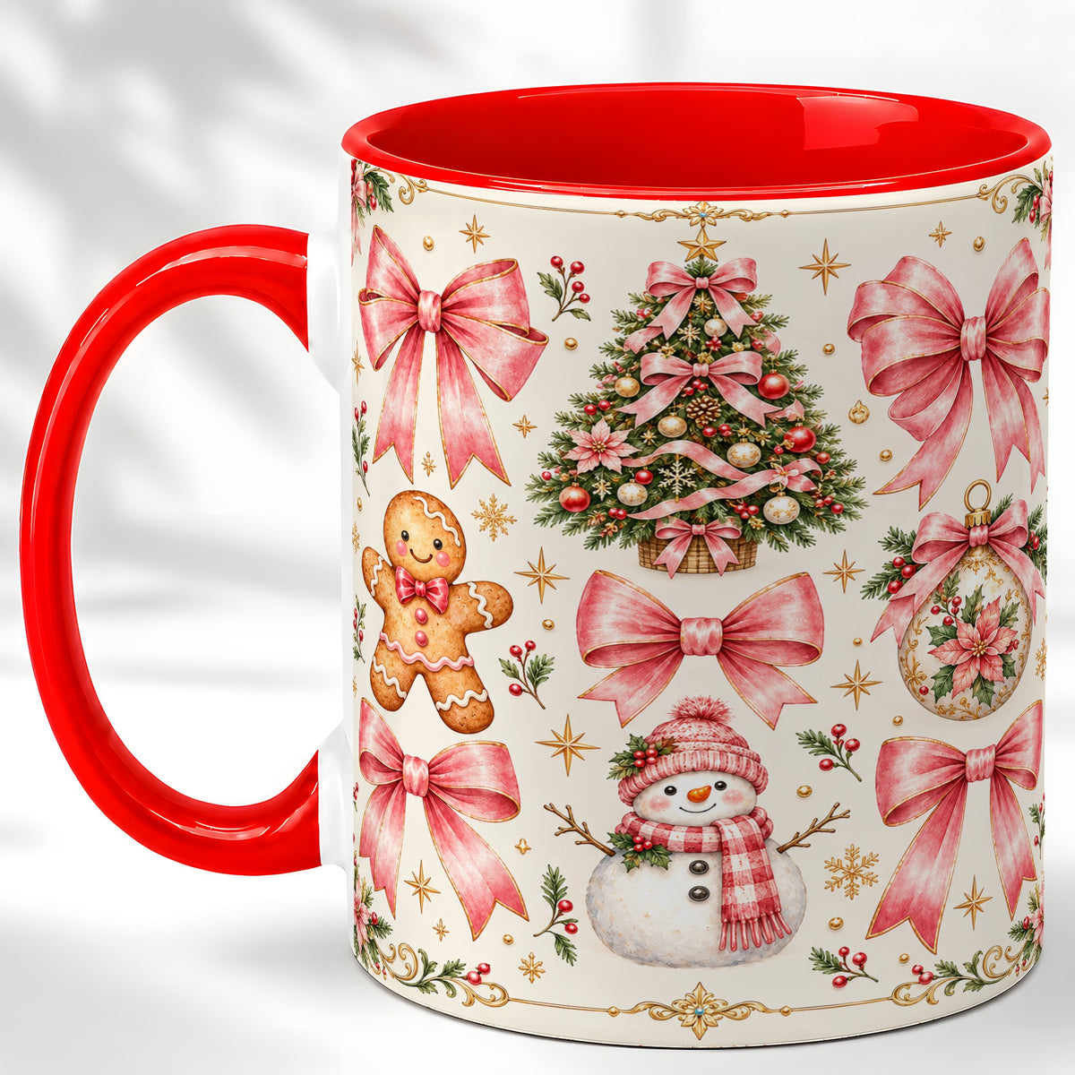 Pink Bow Christmas Coffee Mug, Gingerbread Holiday Mug, Ceramic Cup