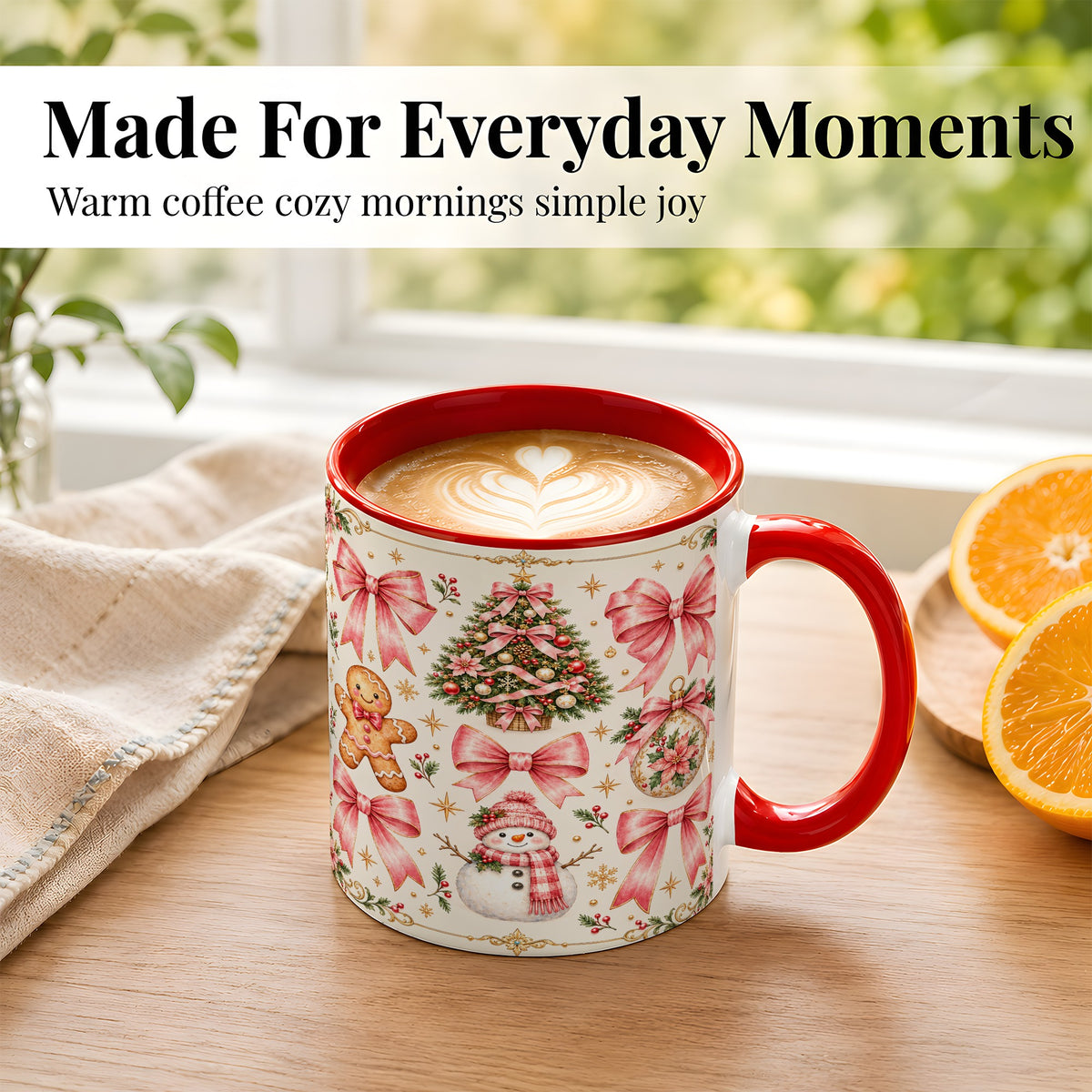 #pl[11oz|Red] Pink Bow Christmas Coffee Mug, Gingerbread Holiday Mug, Ceramic Cup