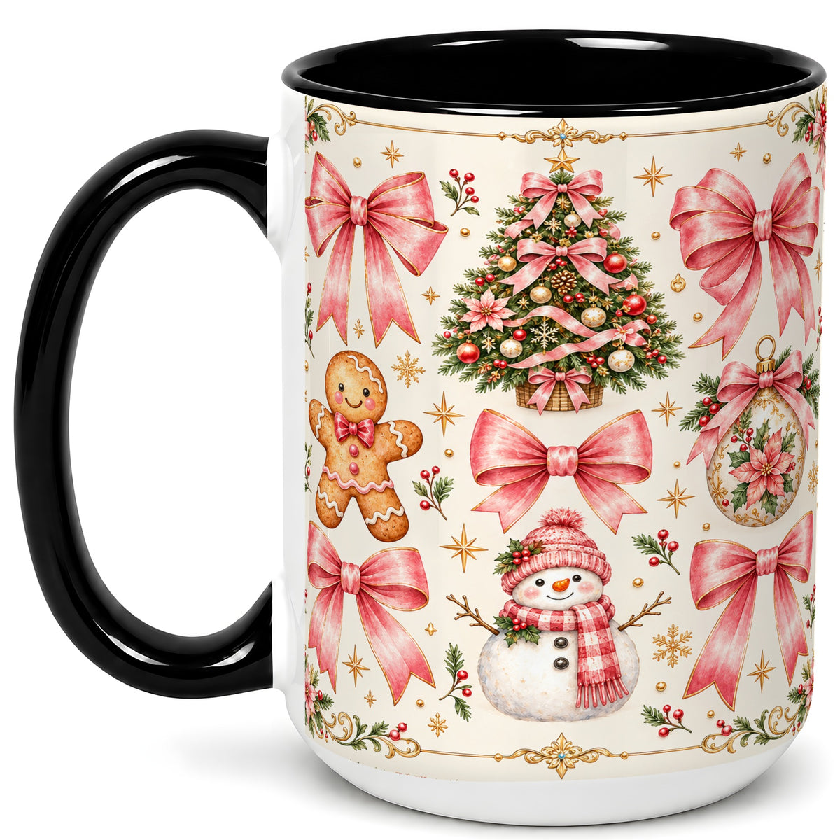 #pl[15oz|Black] Pink Bow Christmas Coffee Mug, Gingerbread Holiday Mug, Ceramic Cup