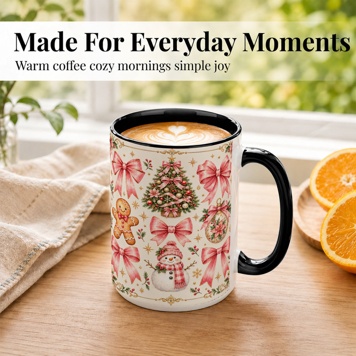 #pl[15oz|Black] Pink Bow Christmas Coffee Mug, Gingerbread Holiday Mug, Ceramic Cup