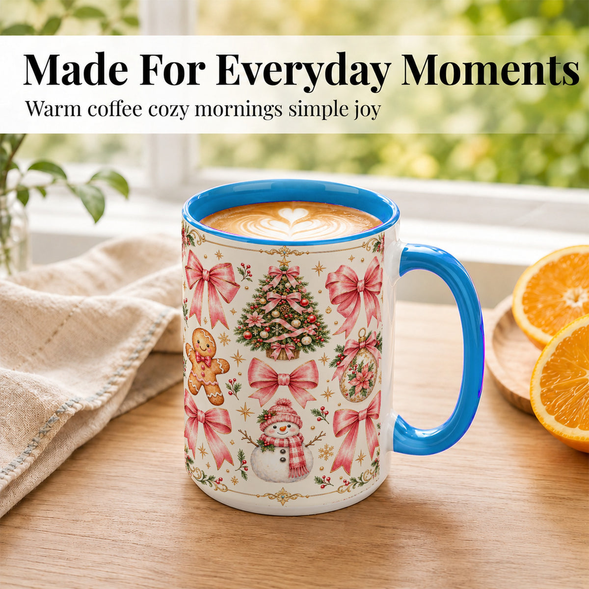 #pl[15oz|Blue] Pink Bow Christmas Coffee Mug, Gingerbread Holiday Mug, Ceramic Cup