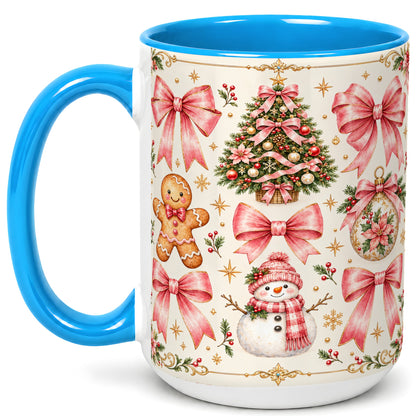 #pl[15oz|Blue] Pink Bow Christmas Coffee Mug, Gingerbread Holiday Mug, Ceramic Cup