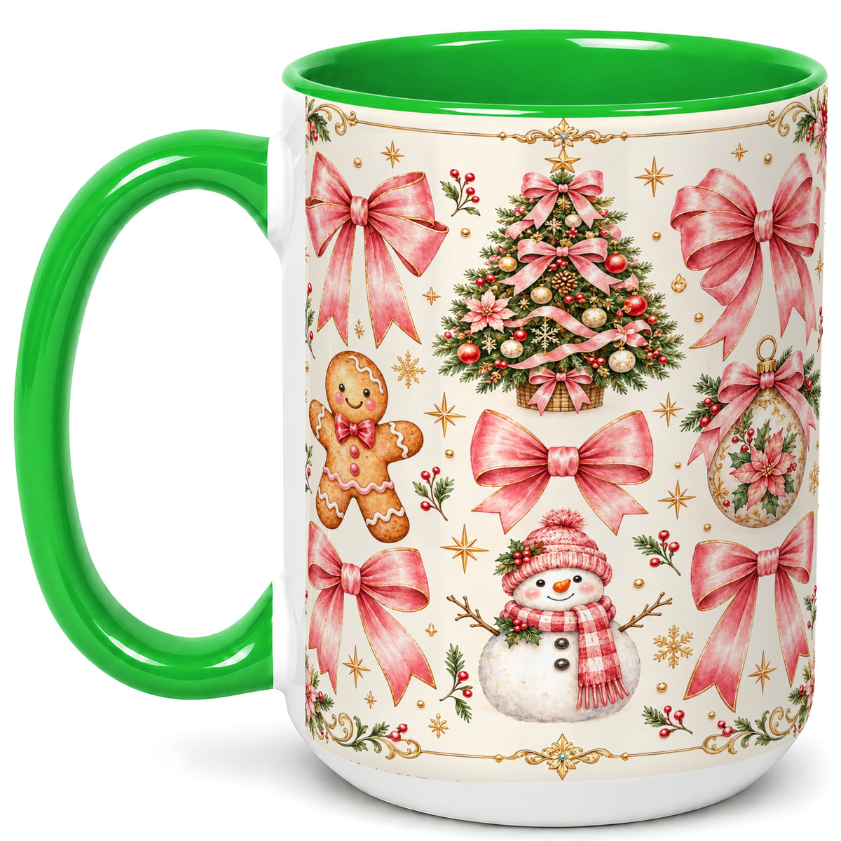 #pl[15oz|Green] Pink Bow Christmas Coffee Mug, Gingerbread Holiday Mug, Ceramic Cup