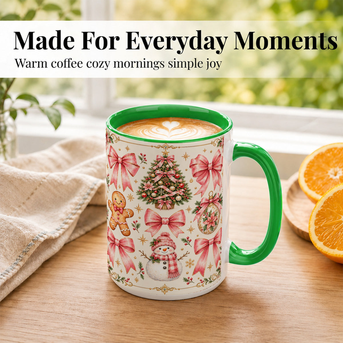#pl[15oz|Green] Pink Bow Christmas Coffee Mug, Gingerbread Holiday Mug, Ceramic Cup
