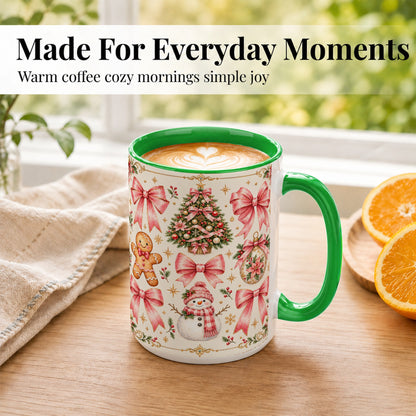 #pl[15oz|Green] Pink Bow Christmas Coffee Mug, Gingerbread Holiday Mug, Ceramic Cup