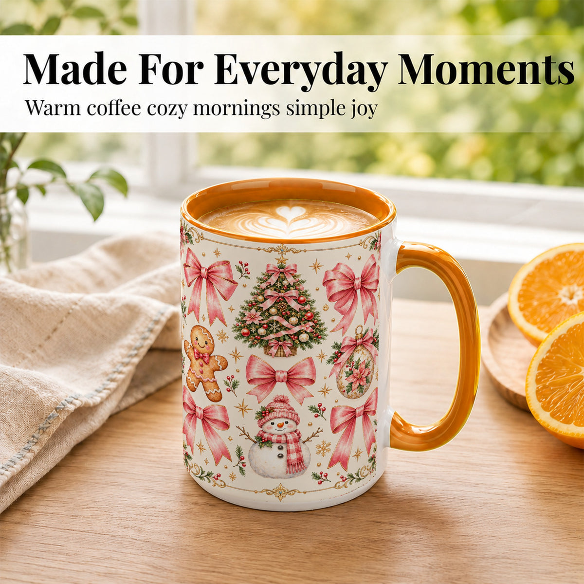 #pl[15oz|Orange] Pink Bow Christmas Coffee Mug, Gingerbread Holiday Mug, Ceramic Cup