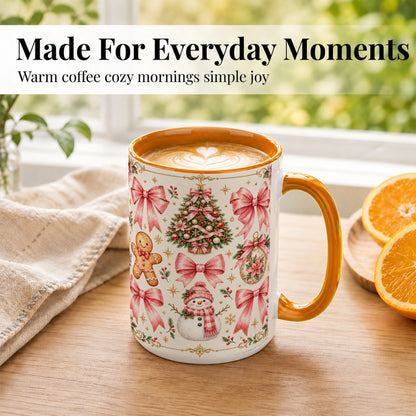 #pl[15oz|Orange] Pink Bow Christmas Coffee Mug, Gingerbread Holiday Mug, Ceramic Cup