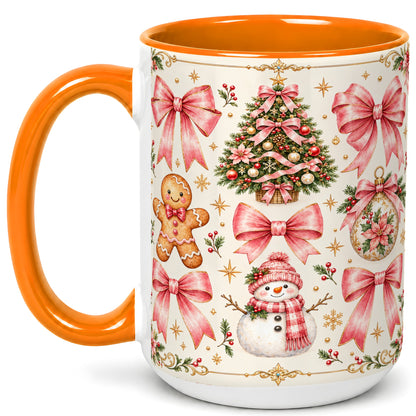 #pl[15oz|Orange] Pink Bow Christmas Coffee Mug, Gingerbread Holiday Mug, Ceramic Cup