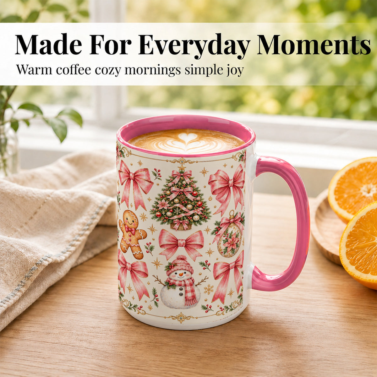 #pl[15oz|Pink] Pink Bow Christmas Coffee Mug, Gingerbread Holiday Mug, Ceramic Cup