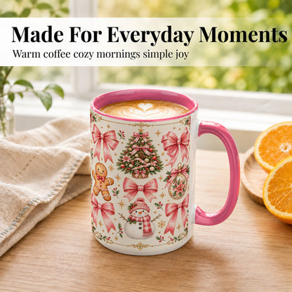 #pl[15oz|Pink] Pink Bow Christmas Coffee Mug, Gingerbread Holiday Mug, Ceramic Cup