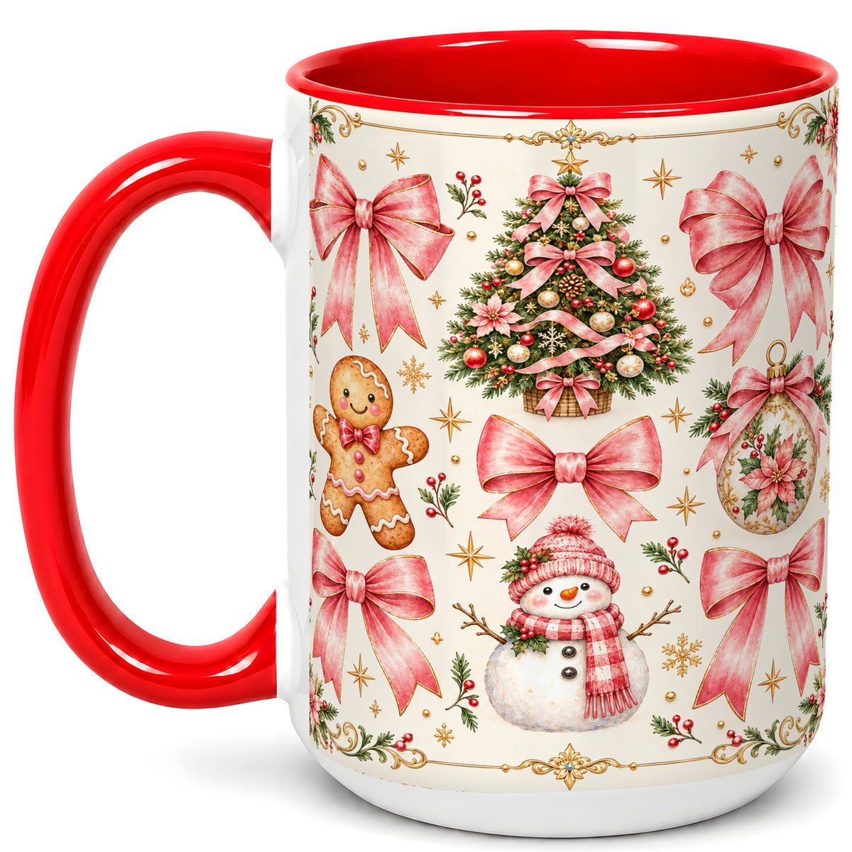 #pl[15oz|Red] Pink Bow Christmas Coffee Mug, Gingerbread Holiday Mug, Ceramic Cup