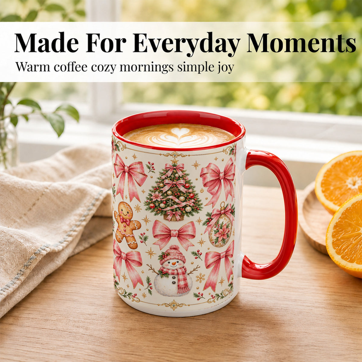 #pl[15oz|Red] Pink Bow Christmas Coffee Mug, Gingerbread Holiday Mug, Ceramic Cup