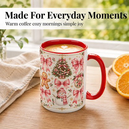 #pl[15oz|Red] Pink Bow Christmas Coffee Mug, Gingerbread Holiday Mug, Ceramic Cup