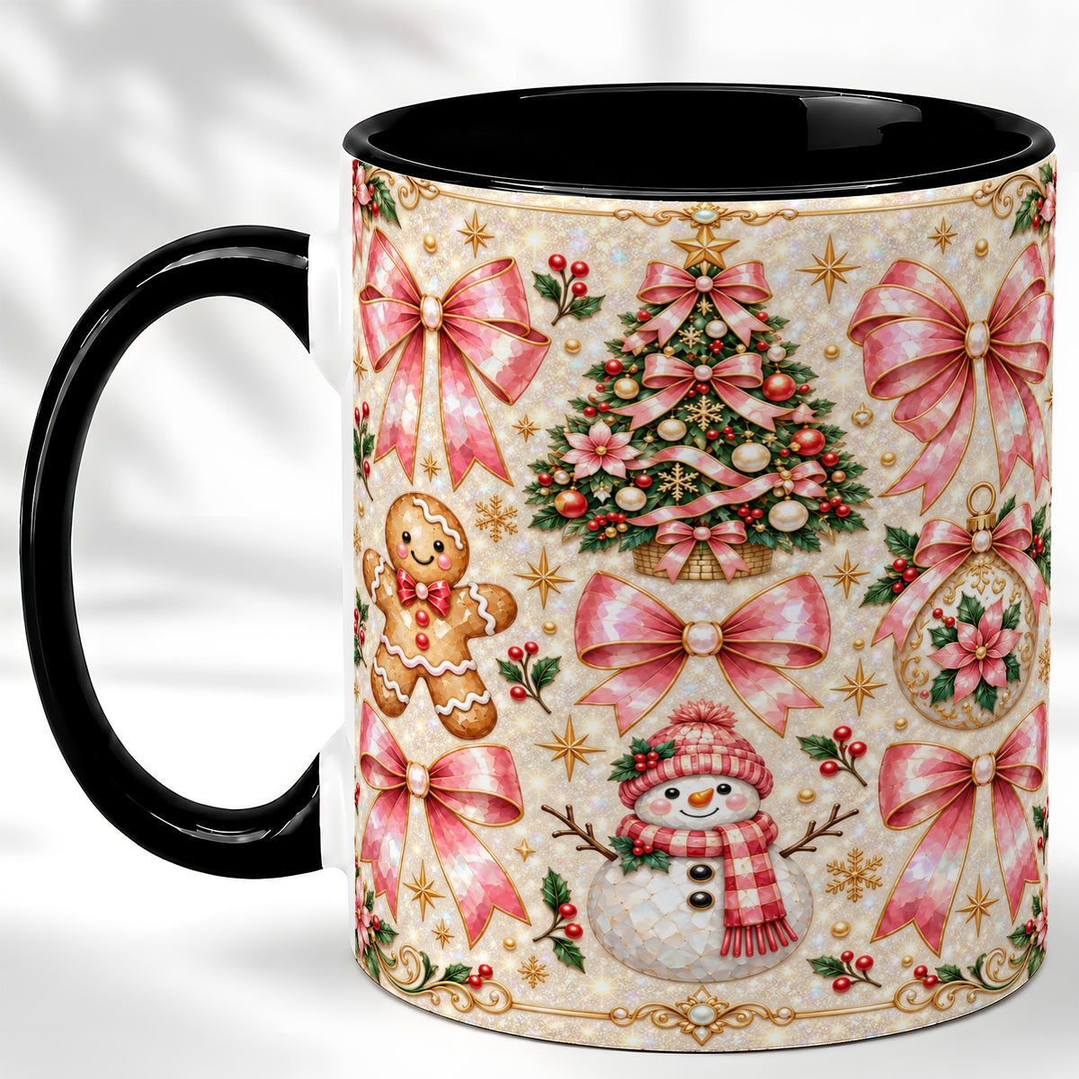 #pl[11oz|Black] Pink Mosaic Christmas Coffee Mug, Snowman Holiday Mug, Ceramic Cup