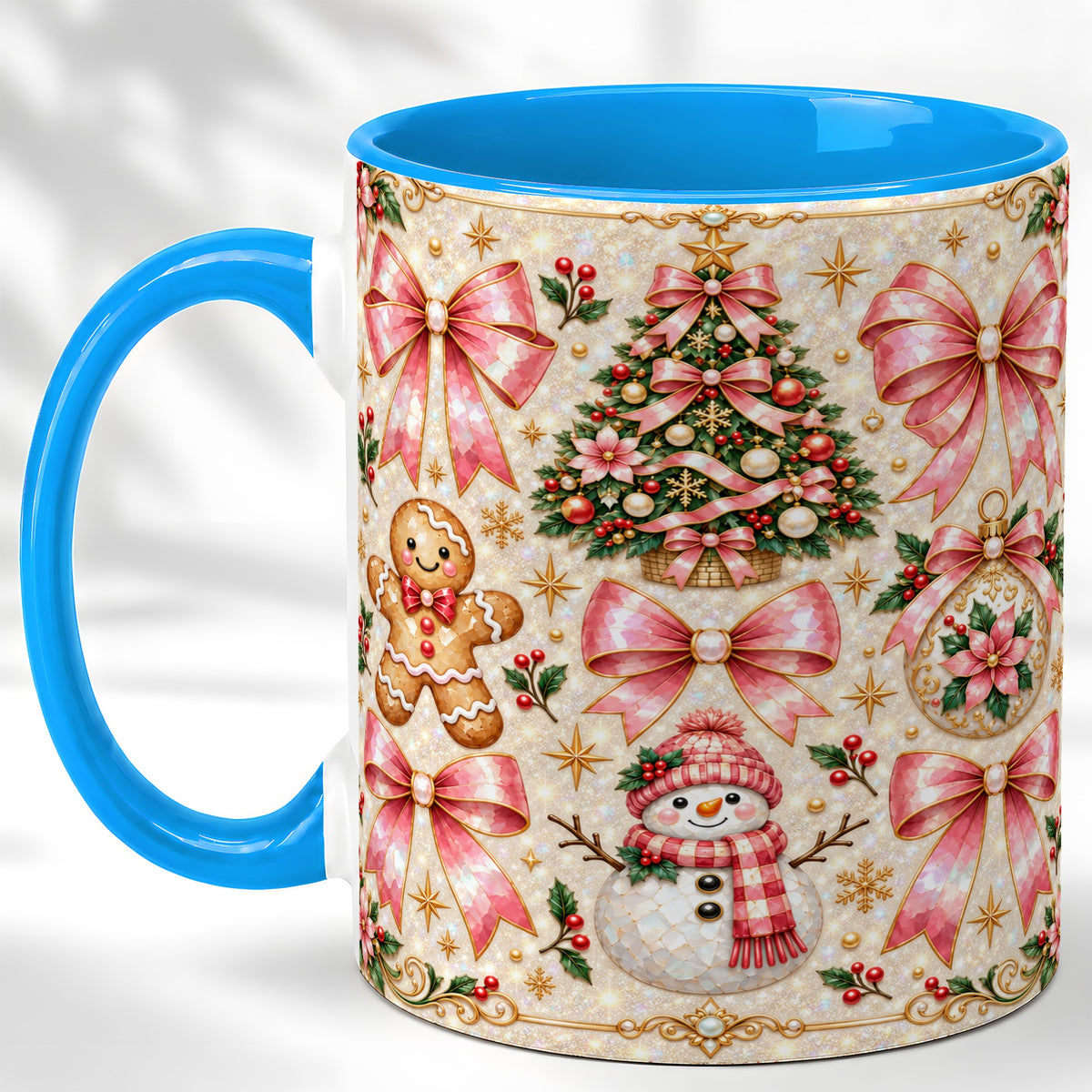 #pl[11oz|Blue] Pink Mosaic Christmas Coffee Mug, Snowman Holiday Mug, Ceramic Cup