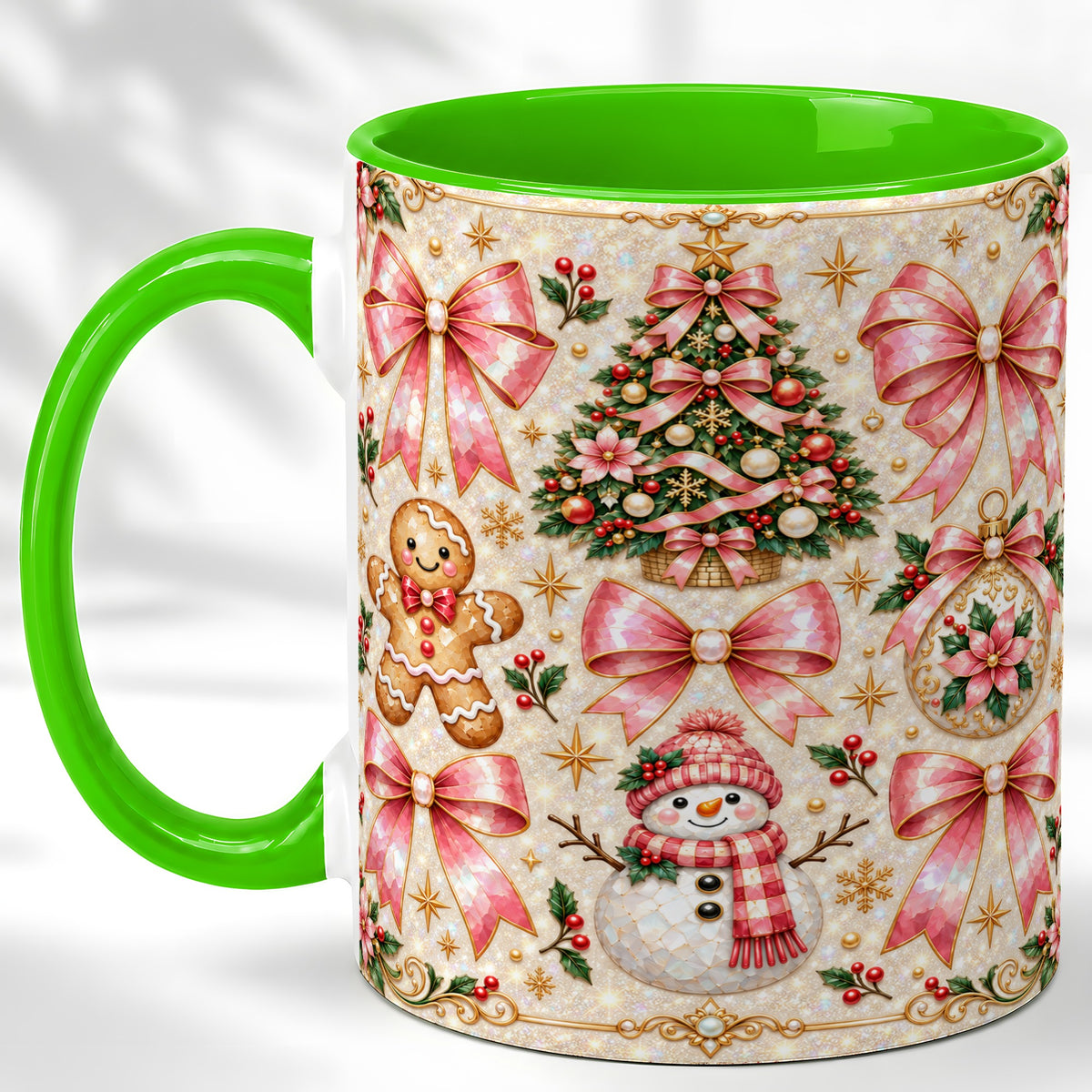 #pl[11oz|Green] Pink Mosaic Christmas Coffee Mug, Snowman Holiday Mug, Ceramic Cup