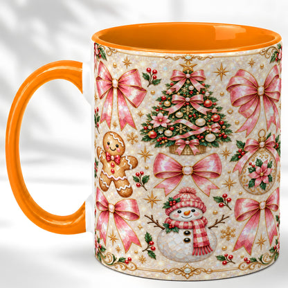 #pl[11oz|Orange] Pink Mosaic Christmas Coffee Mug, Snowman Holiday Mug, Ceramic Cup