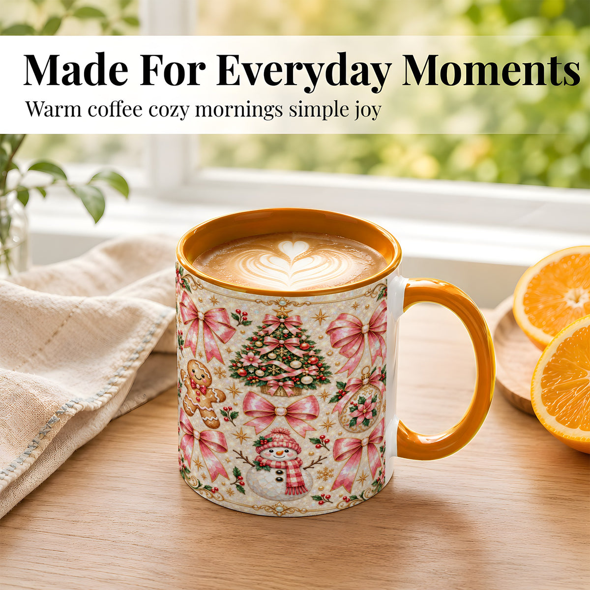 #pl[11oz|Orange] Pink Mosaic Christmas Coffee Mug, Snowman Holiday Mug, Ceramic Cup