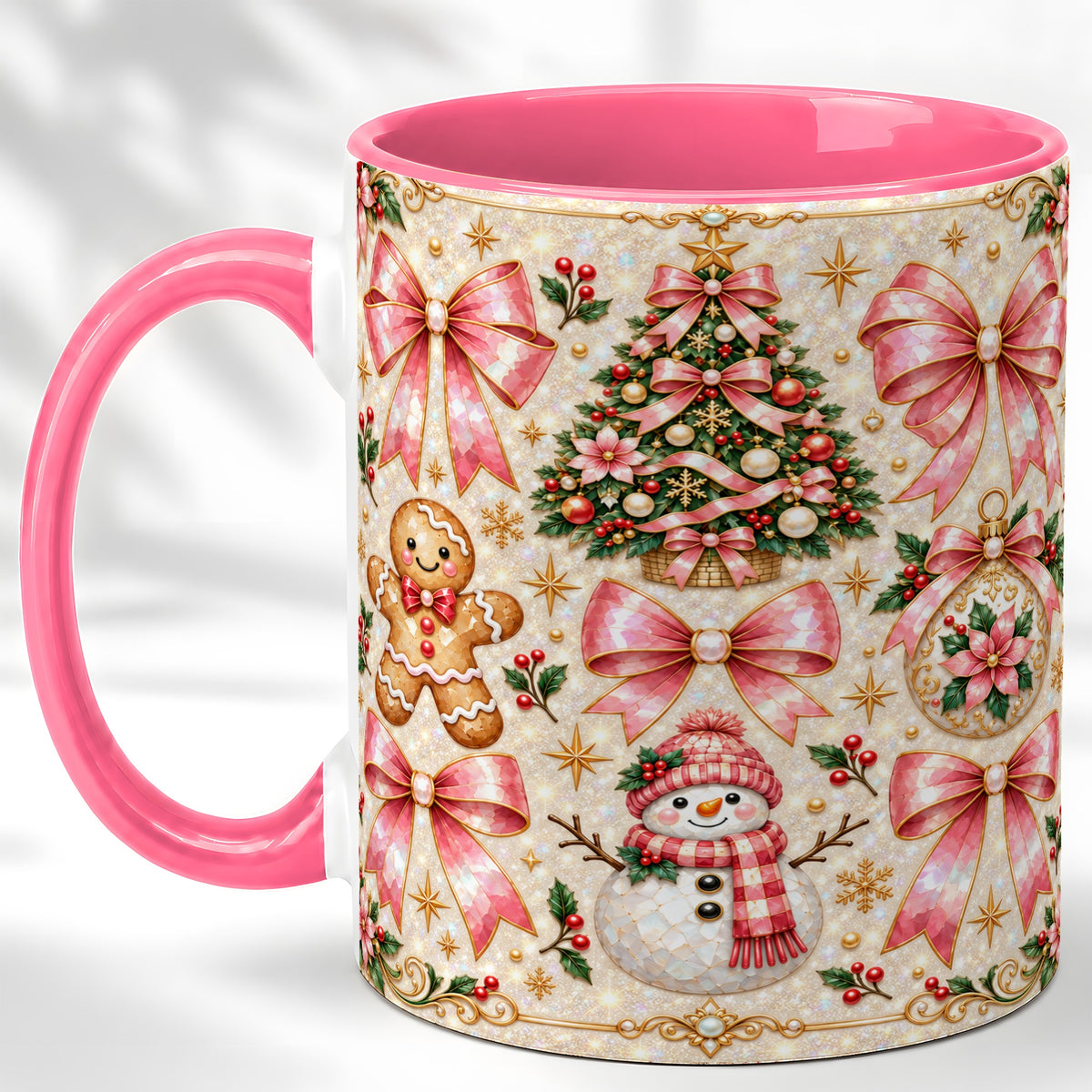 #pl[11oz|Pink] Pink Mosaic Christmas Coffee Mug, Snowman Holiday Mug, Ceramic Cup
