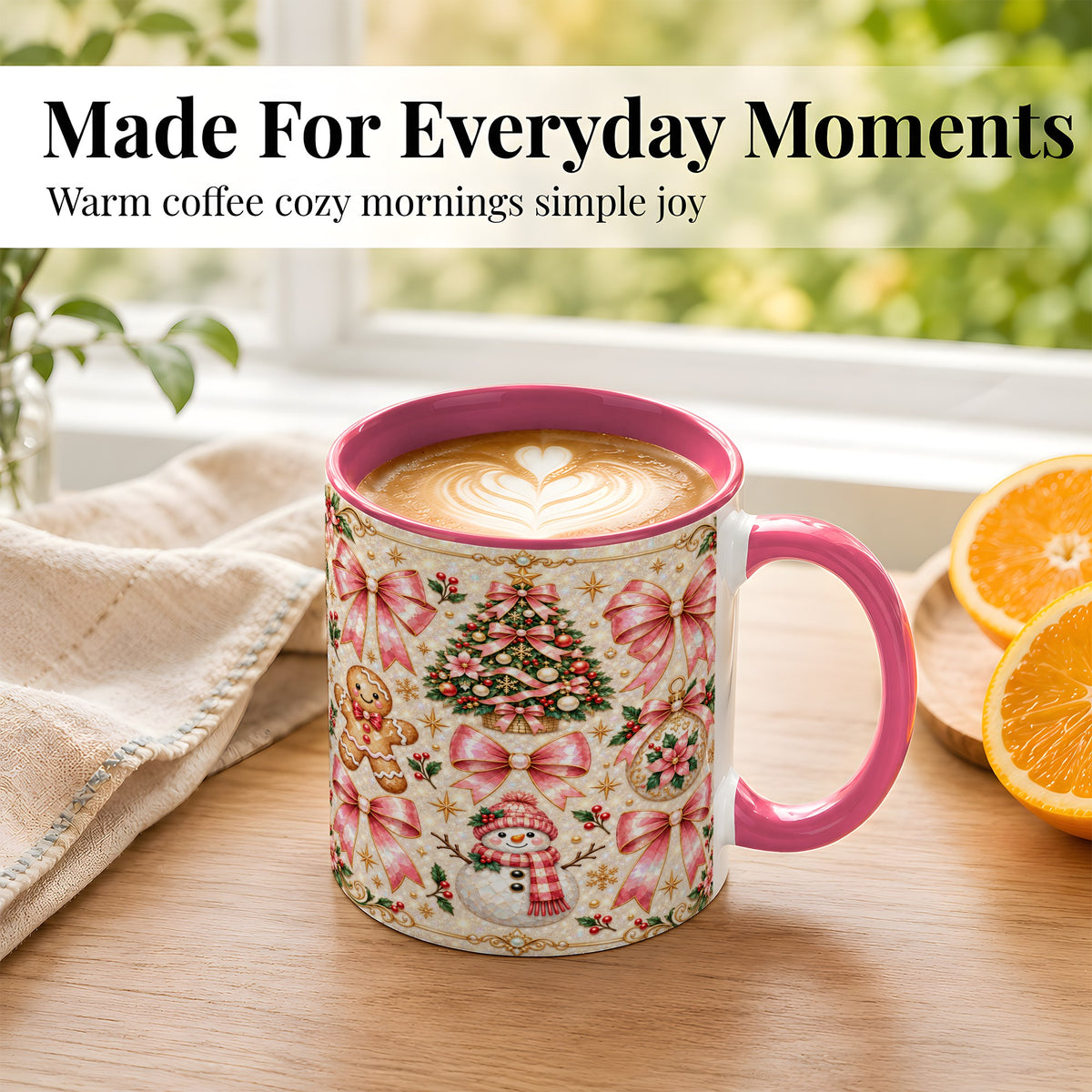 #pl[11oz|Pink] Pink Mosaic Christmas Coffee Mug, Snowman Holiday Mug, Ceramic Cup