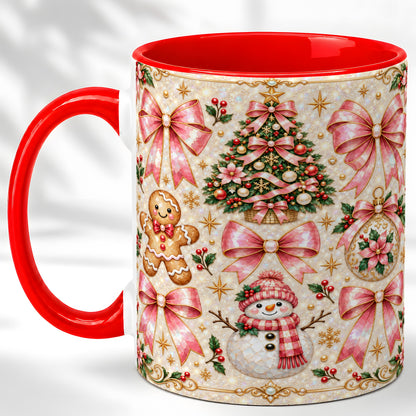 Pink Mosaic Christmas Coffee Mug, Snowman Holiday Mug, Ceramic Cup