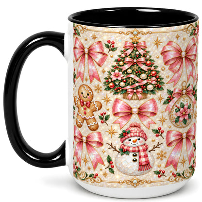 #pl[15oz|Black] Pink Mosaic Christmas Coffee Mug, Snowman Holiday Mug, Ceramic Cup